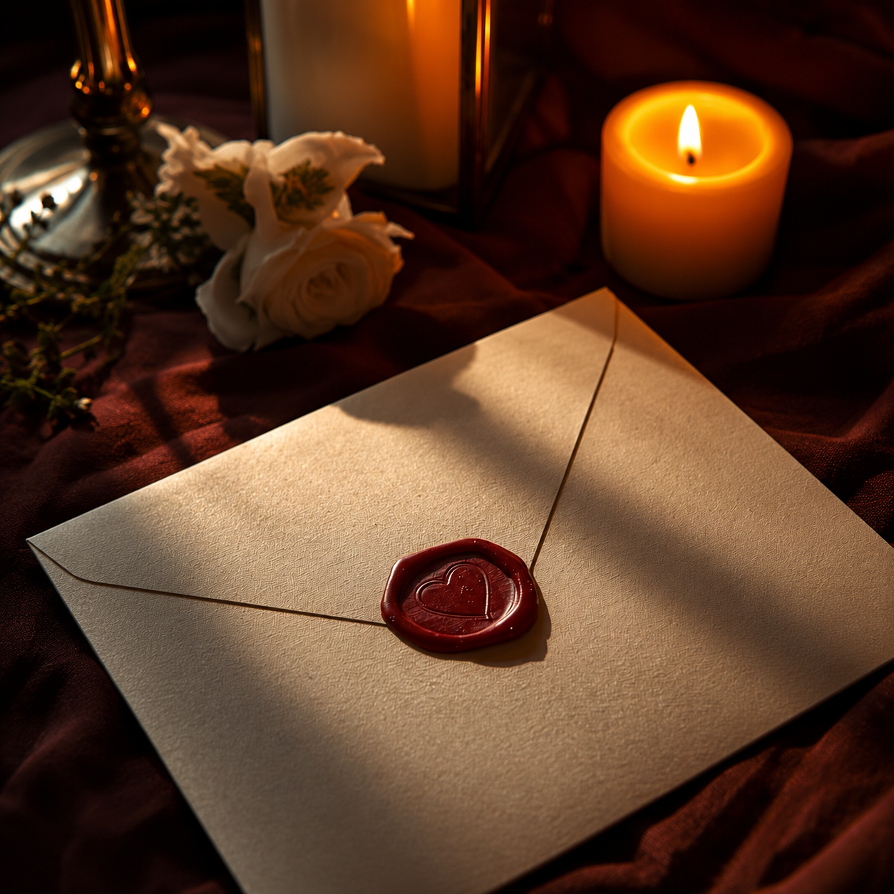 Carta sellada con cera en forma de corazón, a la luz de las velas